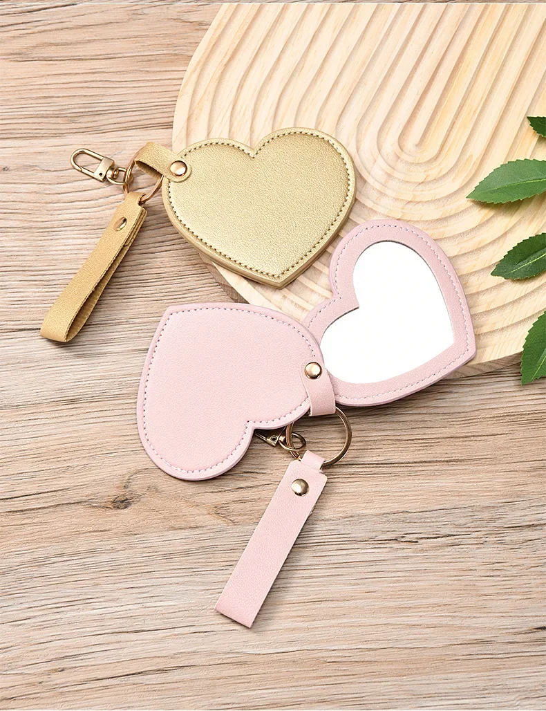 Custom LOGO Heart Rotating Makeup Mirror PU Leather Keychain Laser Engrave Bag Keyring Pendant Portable Personalized Key Chains