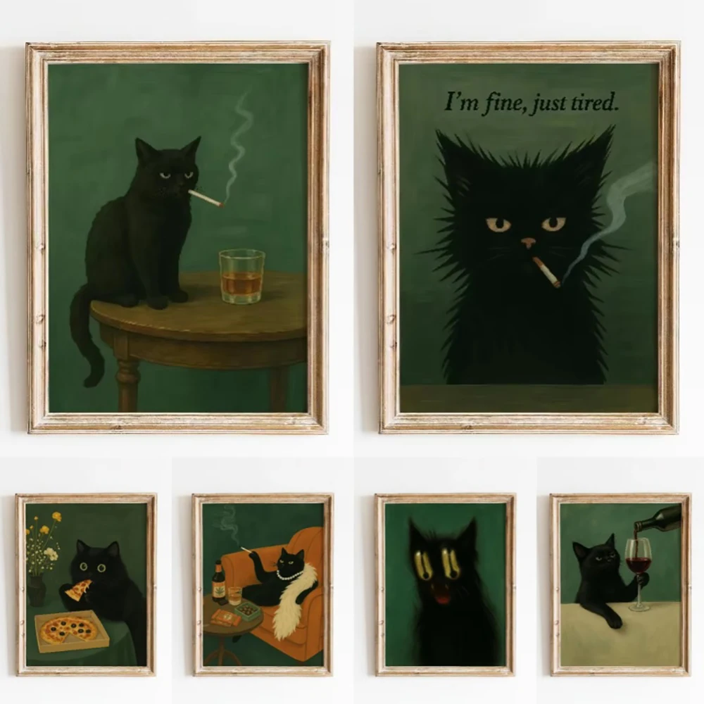Smoking Cats with Whiskey Canvas Painting Moody Black Cat Green Background Poster and Prints Dark Humor Wall Art Room Home Decor