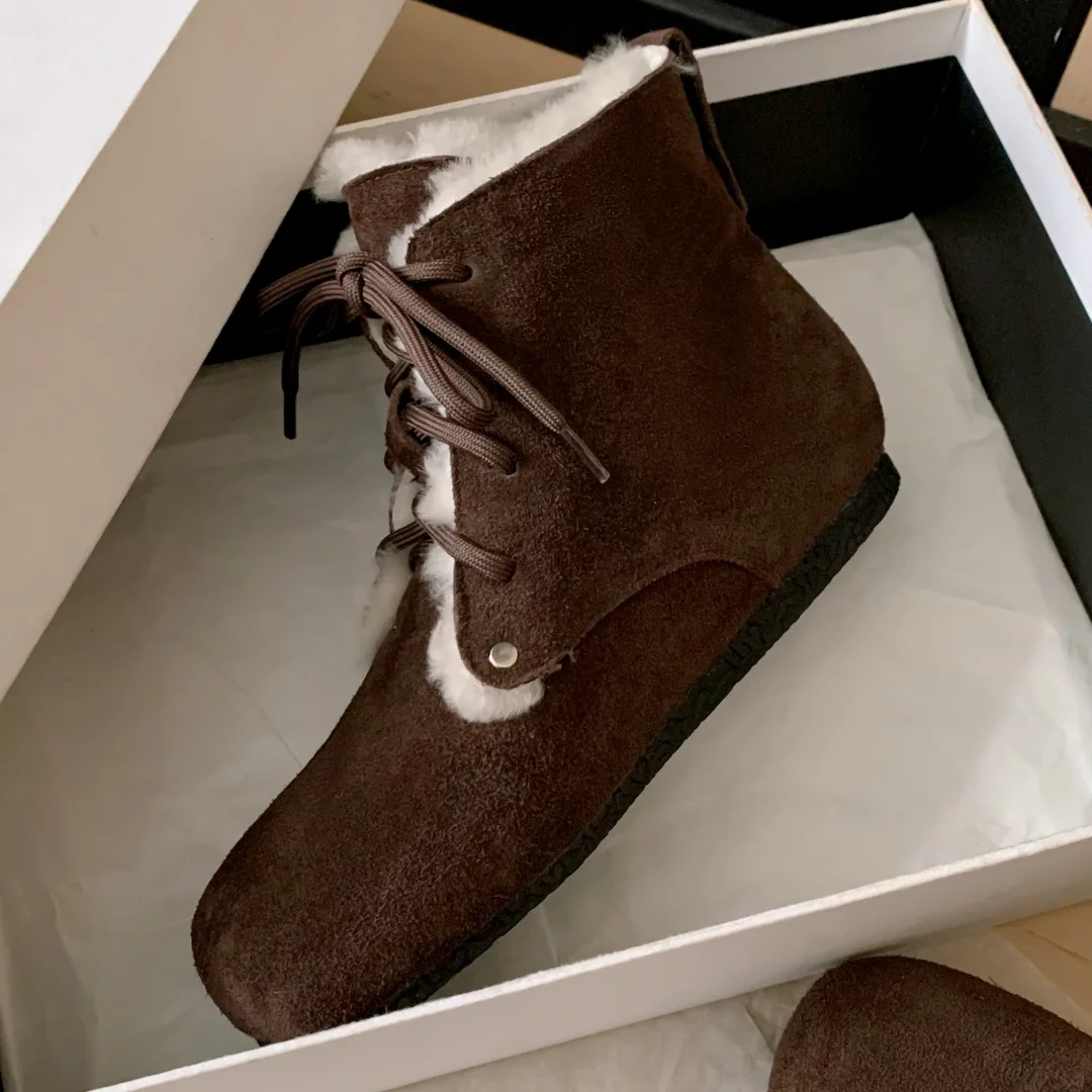 Women's natural suede leather wool inside lace-up flats winter ankle snow boots round toe casual female cold weather short boots image 2
