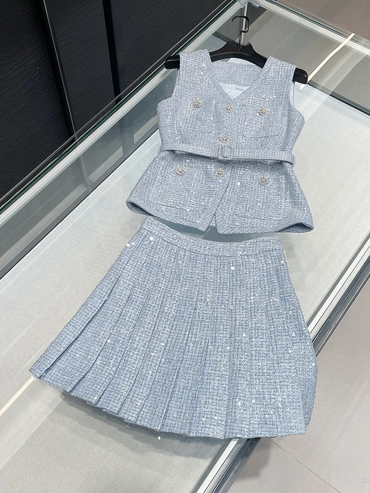 

SP Home South Oil High End Women's Faion Set with Sequins And Diamond Decorations Small Fraance Sle Vest Top And Skirt