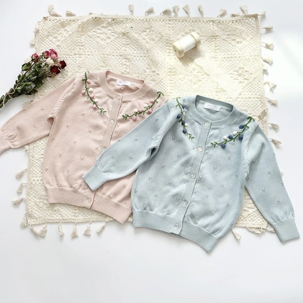 Baby Girls Cardigan With Hand Embroidery Toddler Knitted Top Kids Air Conditioning Clothes 2-7Y