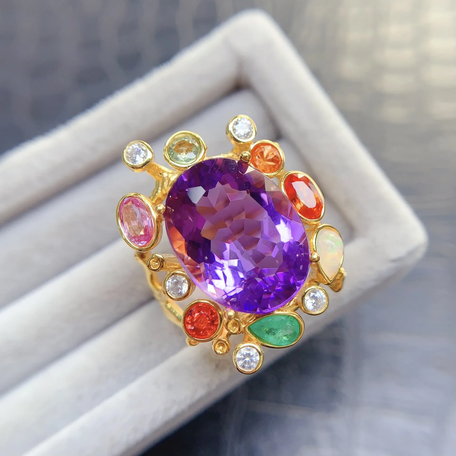 Natural Amethyst Ring, 925 Silver Setting 12x16mm Main Stone Multi-Gem Adjustable, Crystal Healing Jewelry Gift for Women