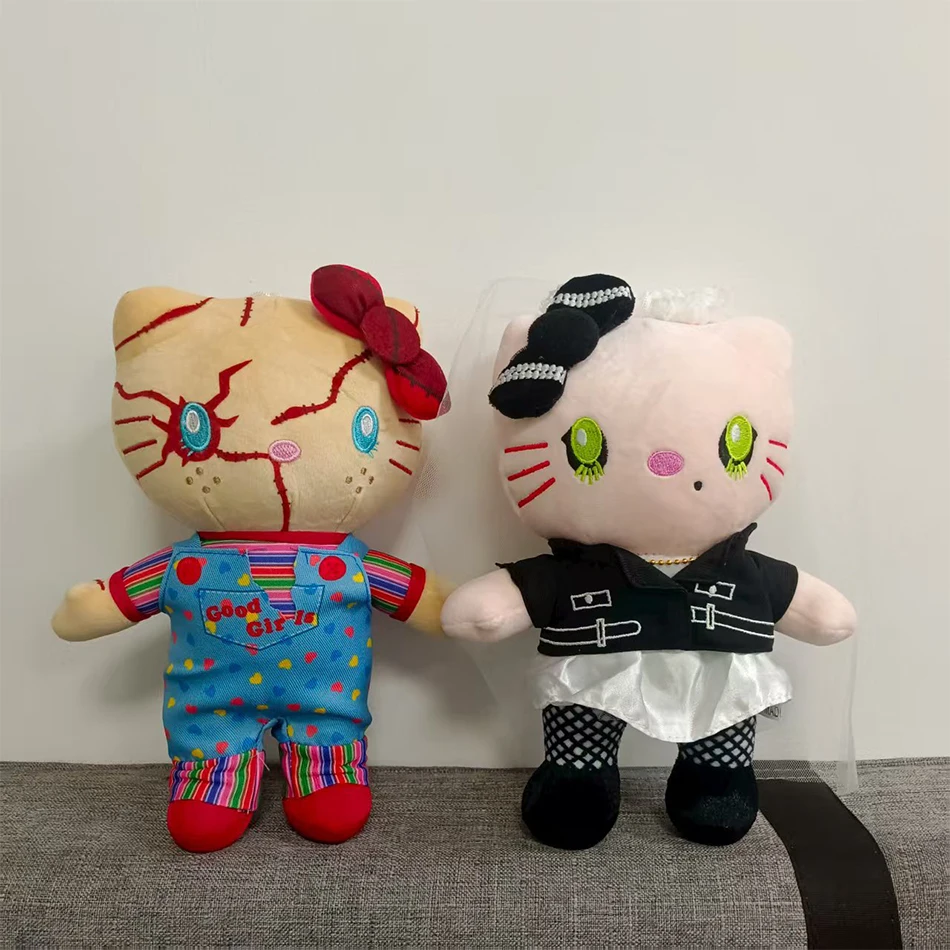 Set de Muñecas de Peluche de 25cm: Hello Kitty, Chucky y Novia de Terror, Juguete de Peluche de Gato Cosido Aterrador, Adorno Creativo Coleccionable para Escritorio, Regalo