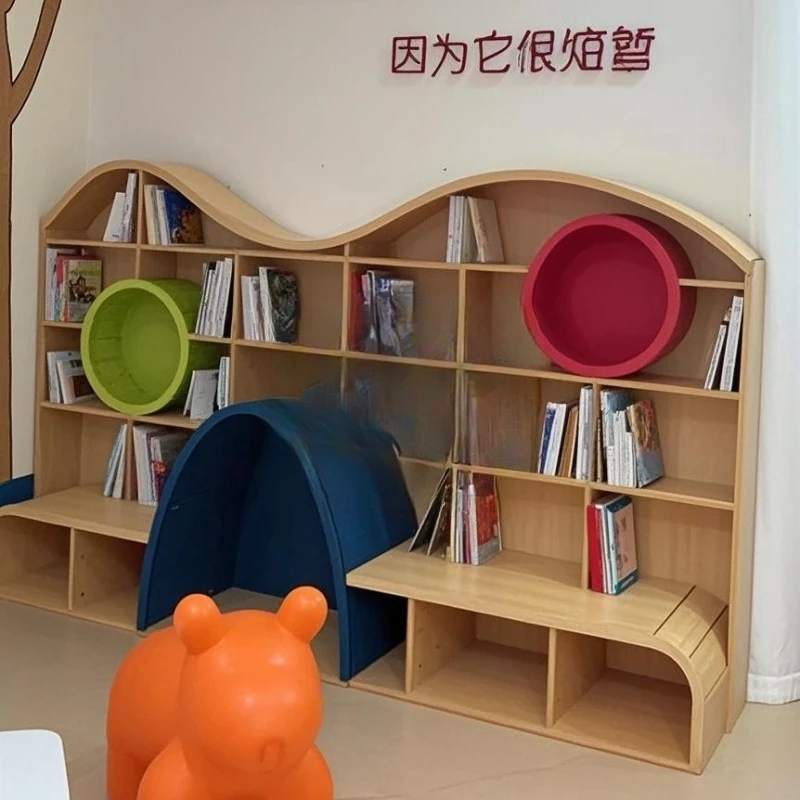 Creative curved bookshelf with stool special-shaped library display cabinet