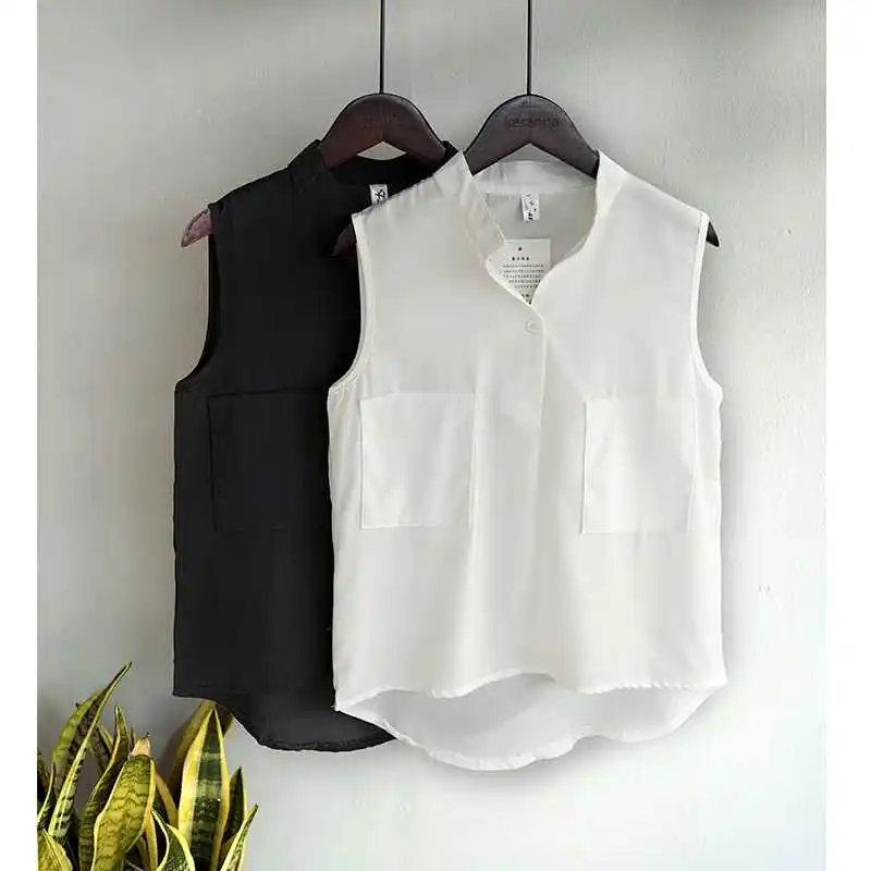 

Женская летняя блузка без рукавов, новый стиль, свободный крой, шифоновый топ, модная корейская версия, футболка, верхняя одежда, повседневная рубашка
