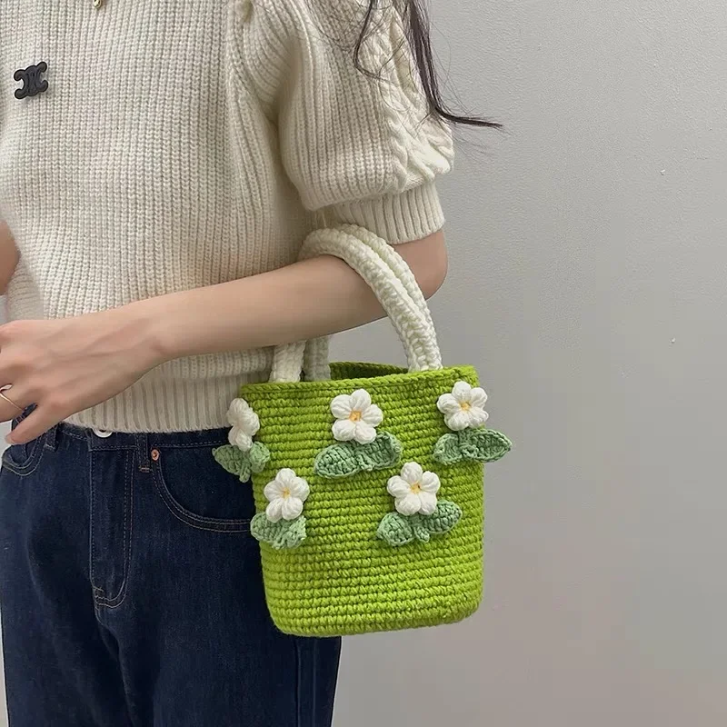 Green Flower Bag Diy Hand Woven Bag Wool Crochet Material Bag Gift to Girlfriend