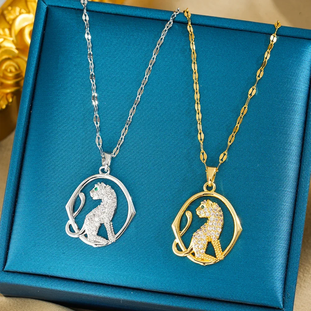 قلادة جديدة مطلية بالنحاس بذهب عيار 18 قيراط، وذهب الزركون، وقلادة من الفولاذ التيتانيوم الفهد، وإكسسوار هيب هوب متخصص للنساء