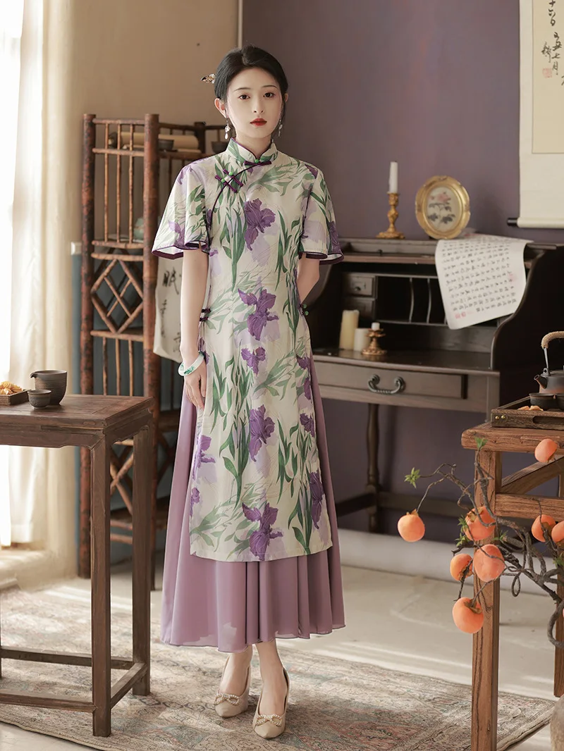 FZSLCYIYI Vintage Printed Satin Chinese Style Cheongsam Women Modern Improve Qipao Female Vietnam Ao Dai Dress