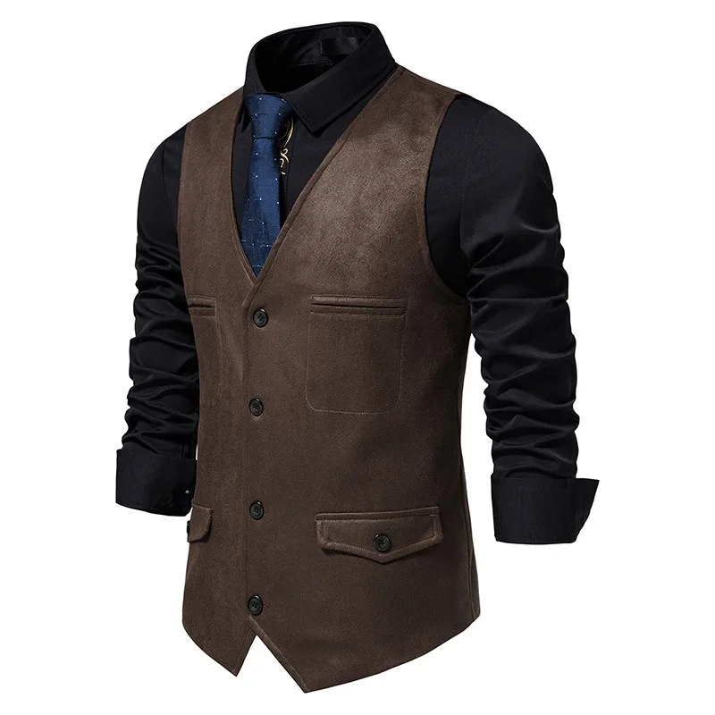 European American Style Mens Suede Vest Casual Single Breasted V-Neck Waistcoat Trendy