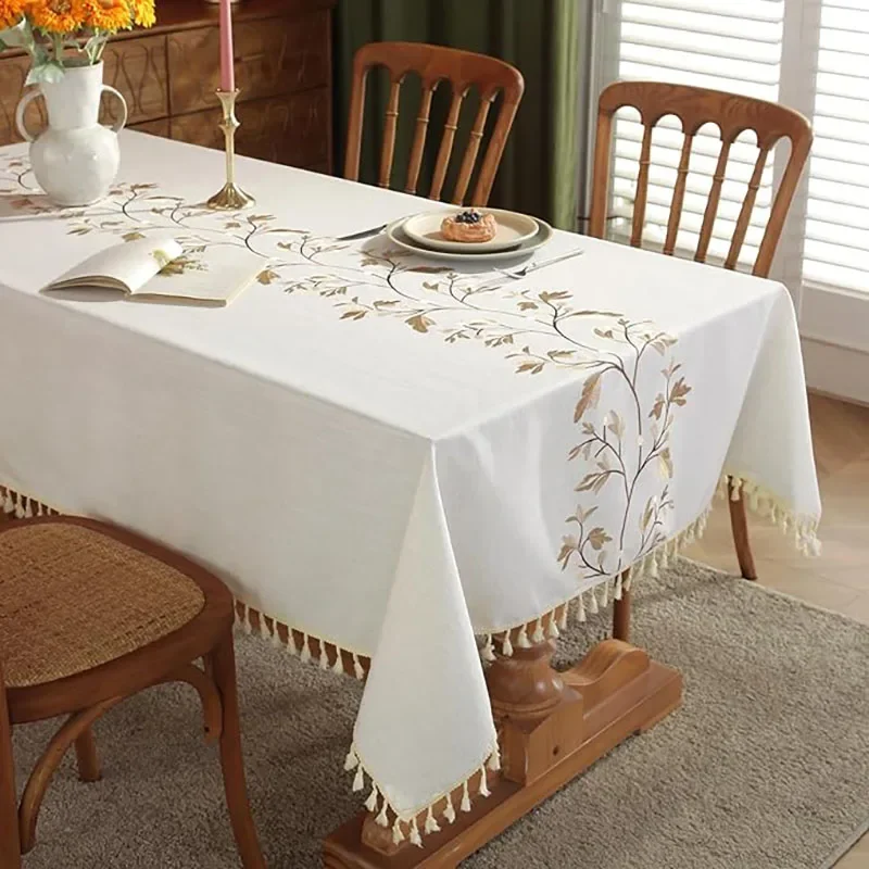 Cotton Linen Table Cloth Heavy Duty Embroidery Tablecloths Farmhouse Tablecloth, Soft and Wrinkle Free Table Cover with Tassels