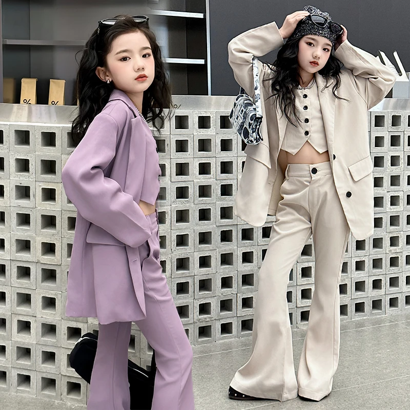 Teenage Girls Suits Blazer 3Pcs Vest+Jackets+Flare Pants Solid Color Spring Fall Formal Occasion Childrens Clothes sets outfits