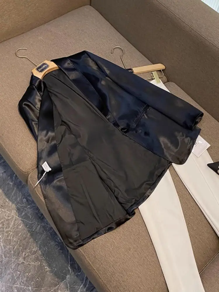 2025 Autumn Casual Black Blazers Coat Women Satin All-match Tops Japan Korean Style Fashion New Single Button Jackets