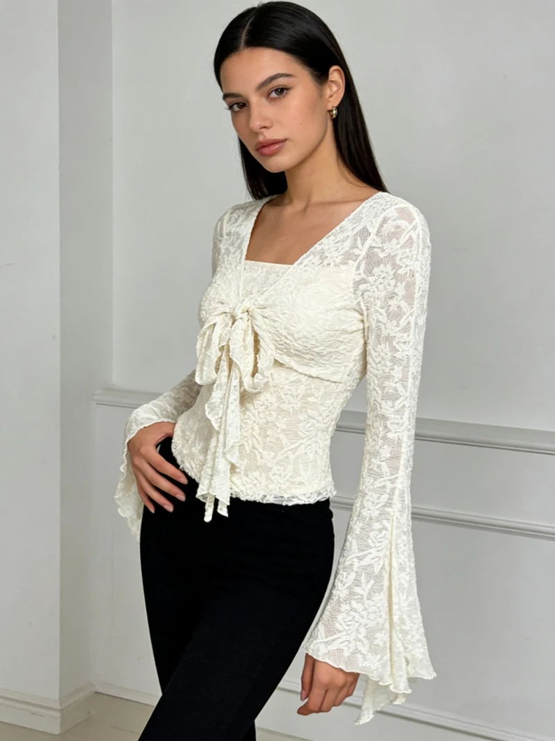 

2025 New Women's Sexy Spice Girls Lace V-Neck Lace-Up Flared Sleeve Long Sleeve Slim Top