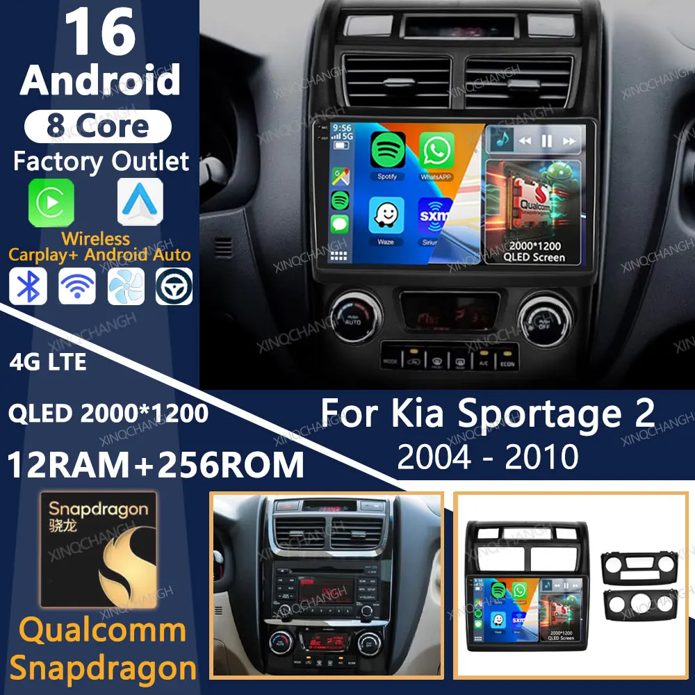 Android 16 Car Radio For Kia Sportage 2 2004 2005 2006 2007 - 2010 Carplay Auto GPS Head Unit 4G LTE 5G WIFI Qualcomm 2DIN QLED