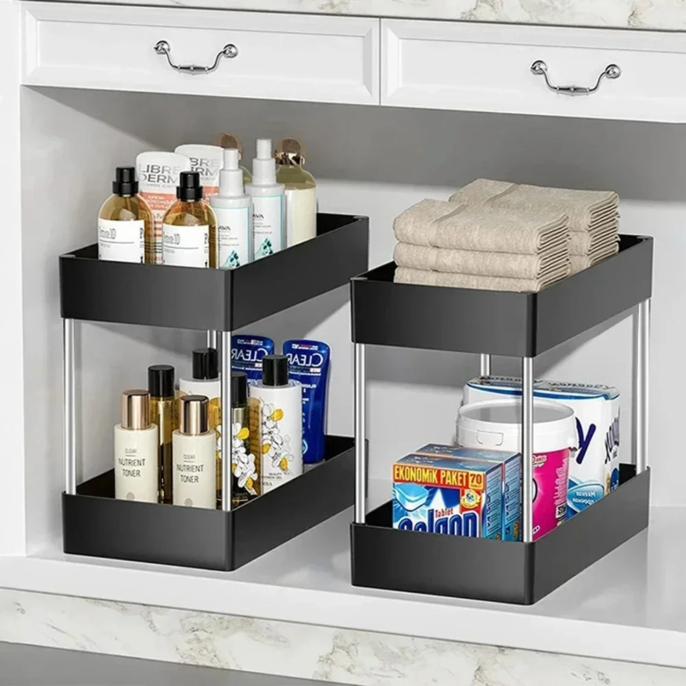 1/2 Pcs Under Sink Storage Organizer 2 Tier Drawer Multipurpose Rack Cabinet Under Sink Storage Rack Bathroom Kitchen Organizer