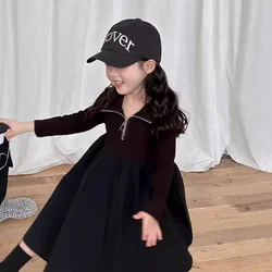 Girls Casual Dresses Black Long-sleeved Zipper Patchwork Dress Toddler Girl Clothes Party Dress for Kids Girl 2 To 7 Years