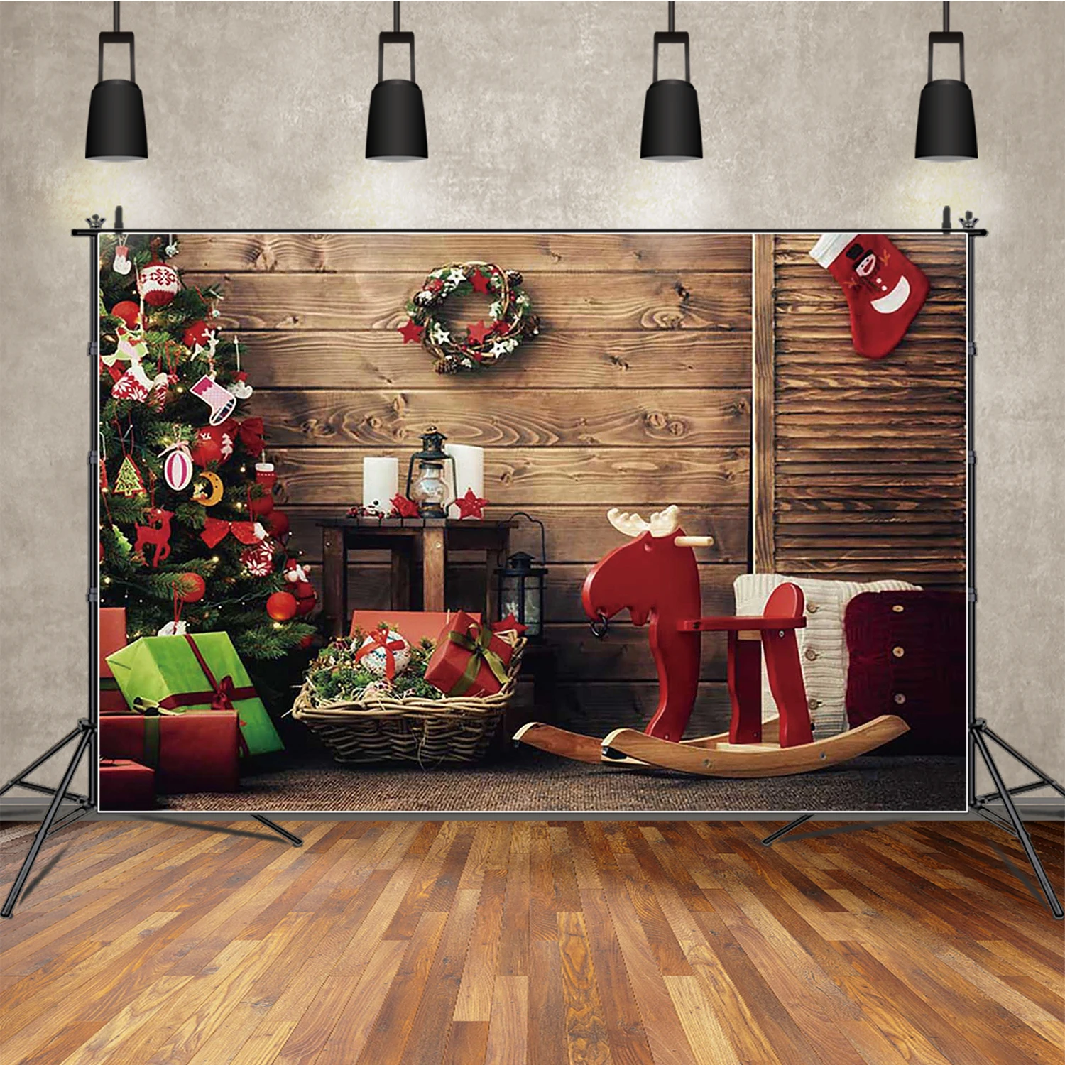 MOON.QG Winter Christmas Backgrounds Warehouse Cabin Wreath Photography Backdrop Photography Accessories Photo Studio Photozone
