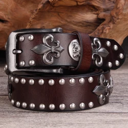 Brand Designer Metal Rivet Cowboy Belt Top Grain 100% Genuine Leather Cowskin Men Belt Punk Rivet Jeans Belts For Men