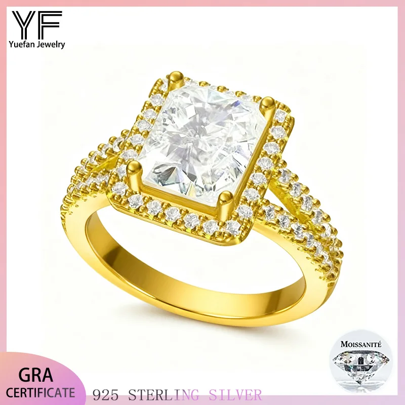 

S925 Silver Moissanite Women's Ring 8x10mm Princess Square Cut 18K Gold-Plated D Color VVS-Certified Sexy Jewelry Accessory
