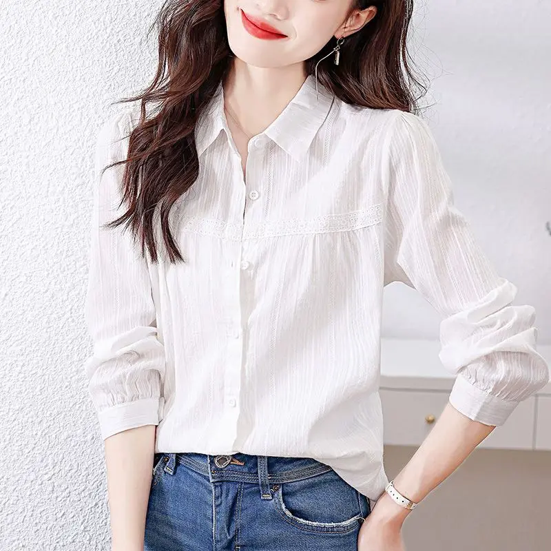 100% Cotton Patchwork Lace Shirt for Women Turn-down Collar Versatile Crumpled Button Long Sleeve Loose Fitting White Blouse