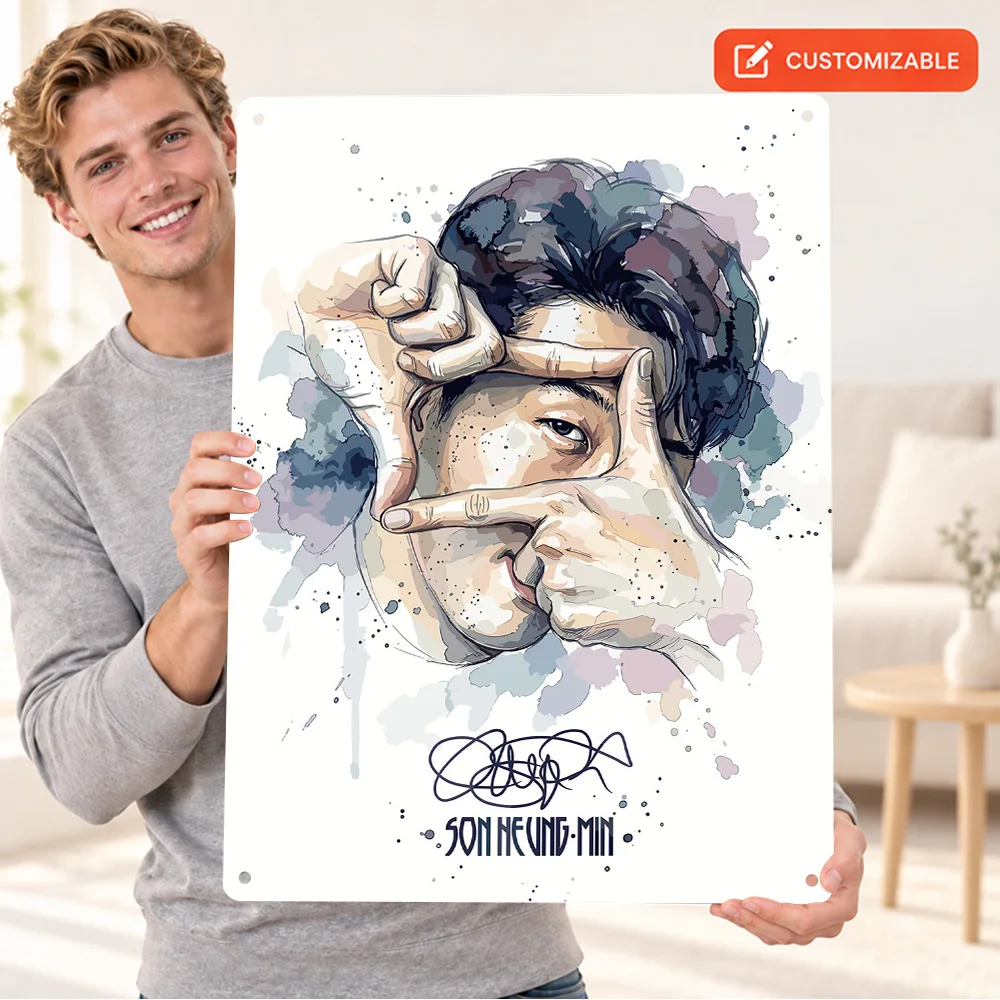Son Heung-Min Portrait Football Textured Metal Poster Personalized Aluminum Metal Sign Watercolor Style Wall Art For Game Room