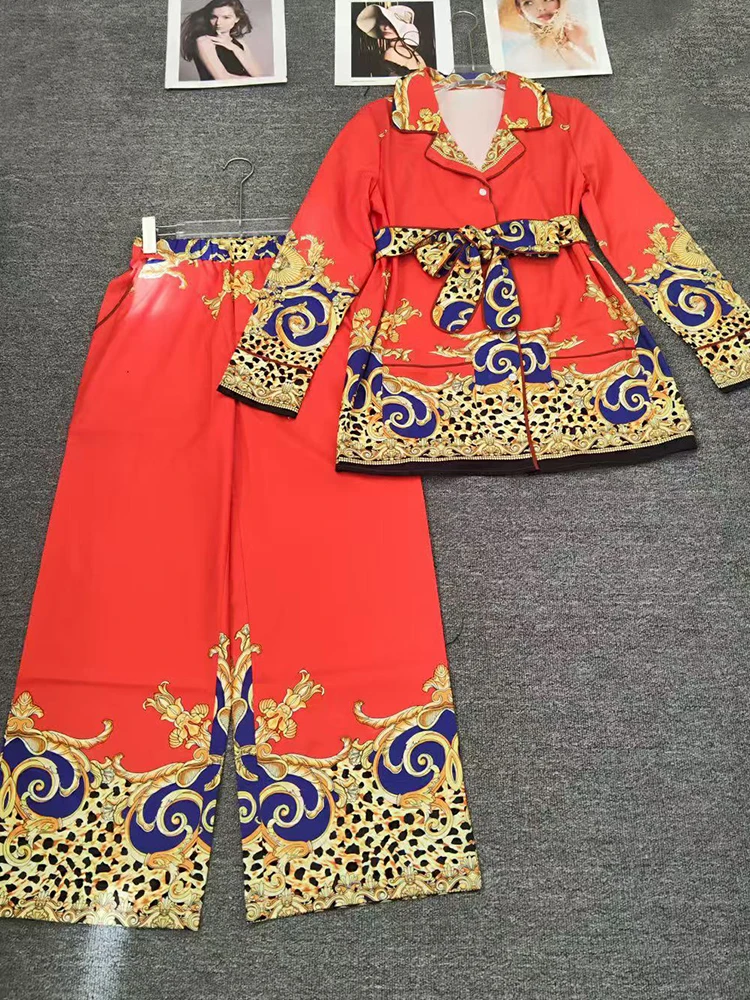 Camisa de pijama com gravata estampada retrô do designer conjunto de duas peças para outono 2025 roupas femininas + calças soltas de pernas largas conjunto de moda
