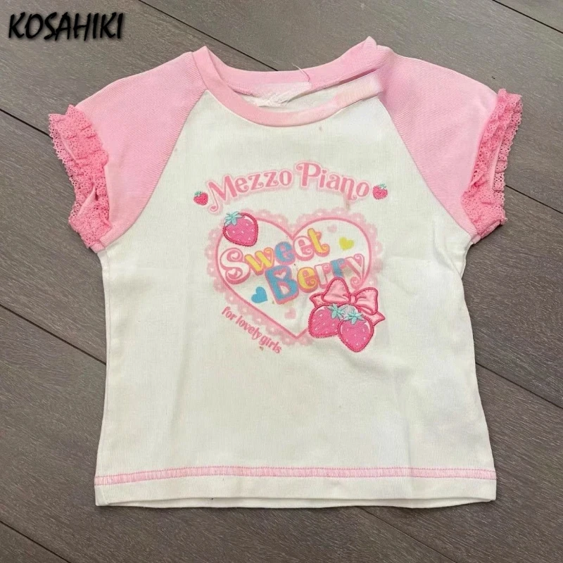 Süße Crop Top Grunge Brief Drucken Harajuku Kontrast Farbe T-shirt Frauen Y2k Ästhetische Spitze Patchwork T Vintage Fee Japanischen