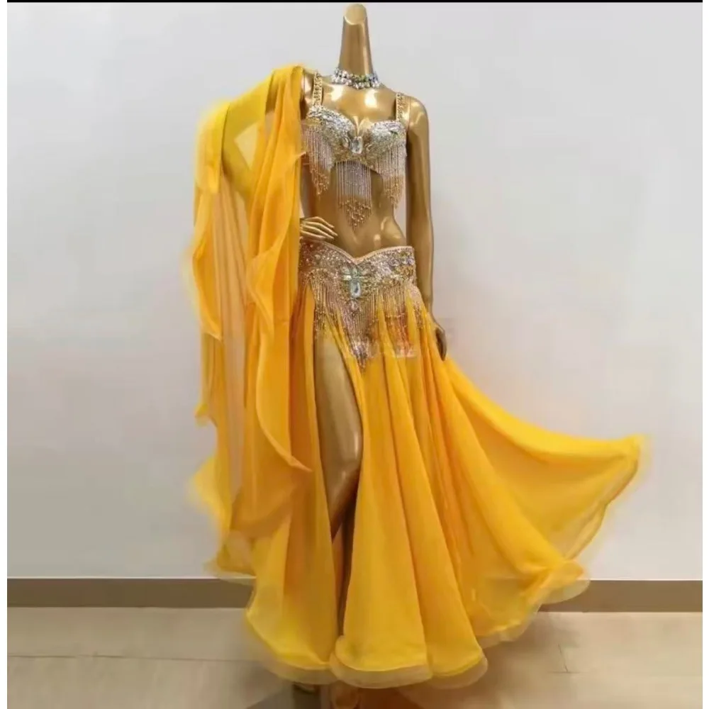 Professional White Belly Dance Costume for WomenOriental Dance Sequins Bra & Belt Set with Skirt, Bellydance Performance Outfit