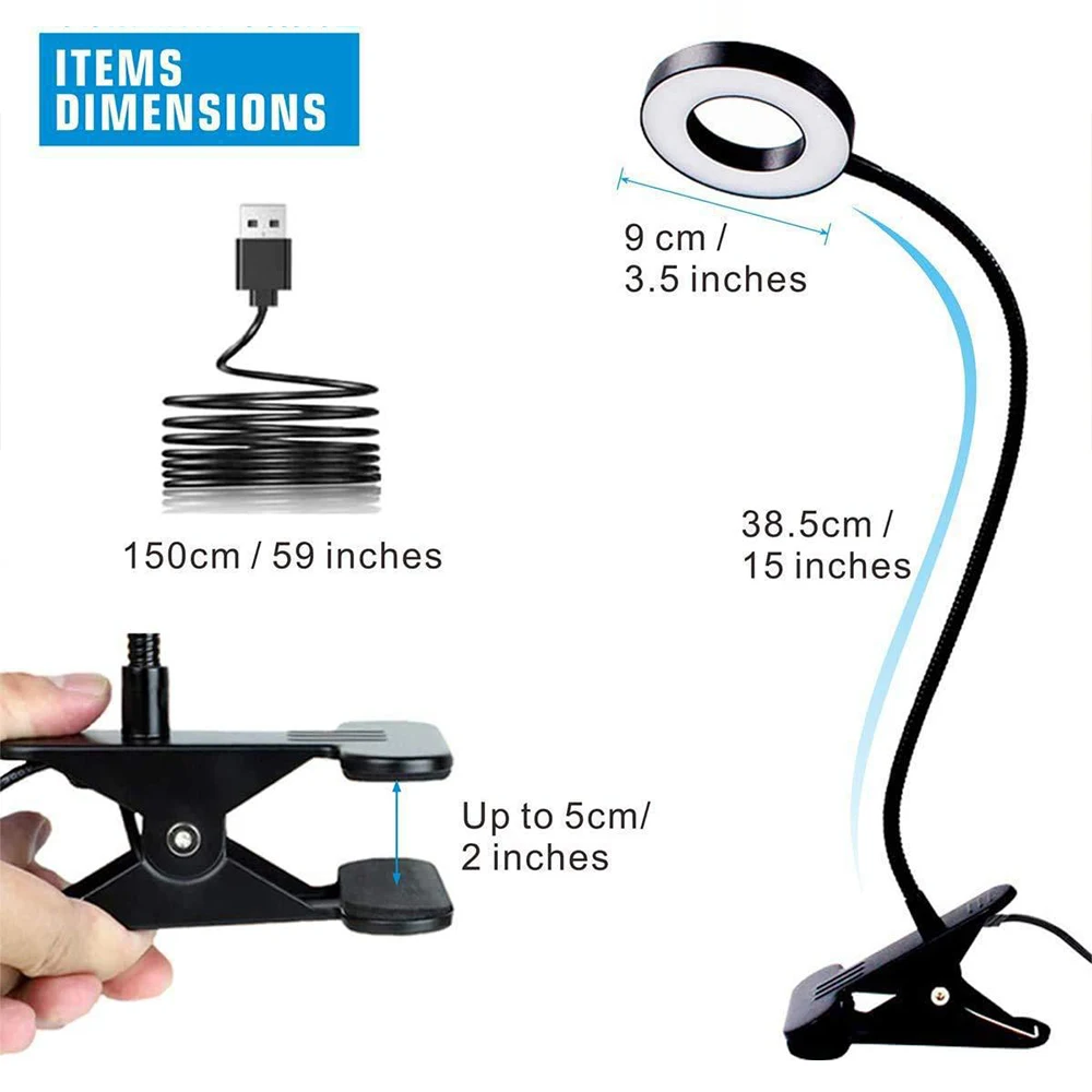 Luz LED ajustable con Clip, lámpara de escritorio USB, protección ocular, luces de lectura, atenuación, luces nocturnas, Flexible, Clip fácil