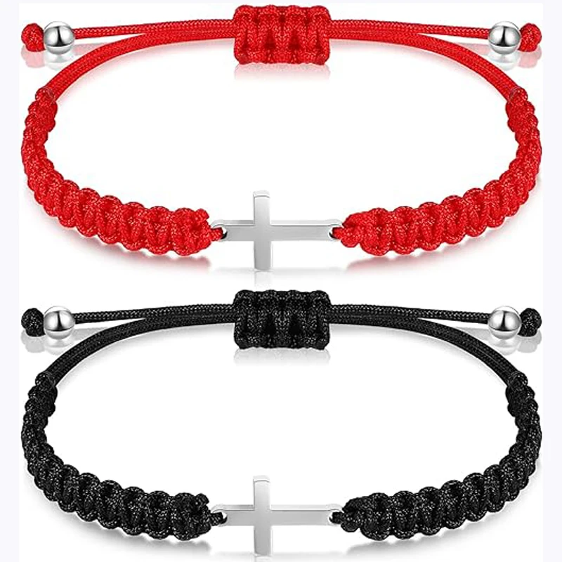 2 Pieces Friendship Cross Bracelet Black String Rope Braided Bracelet Cross Handmade Matching Couple Bracelets for Women Men