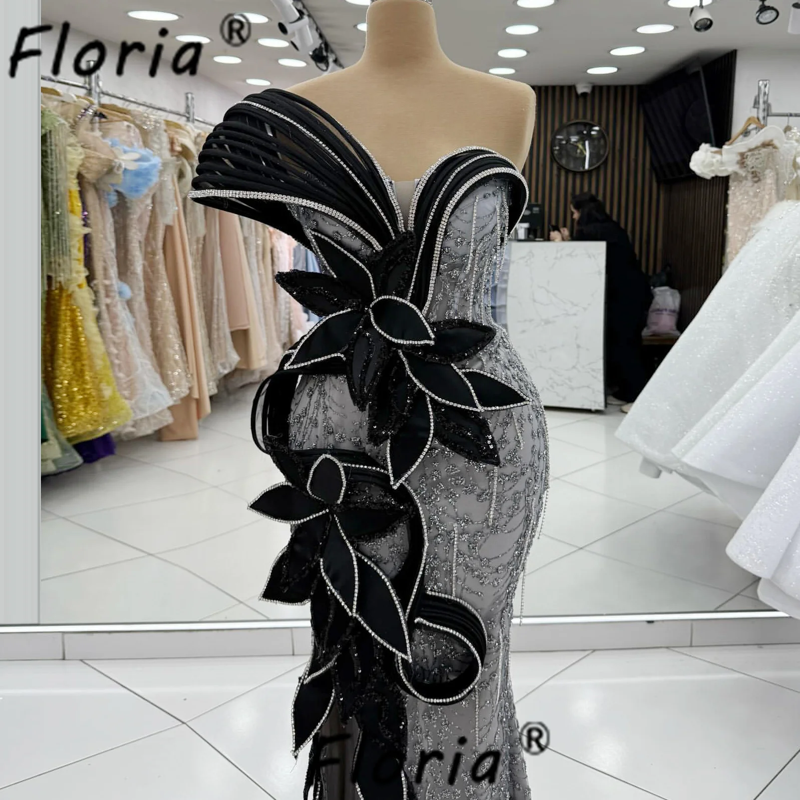 Elegantes perles lourdes robes de soirée 2026 noir argent glands 3D feuille Appliques robe de soirée de bal personnalisé vestidos de gala