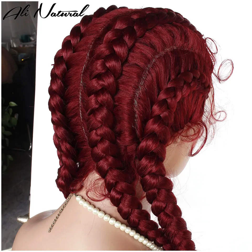 99J Color Box Braids wig African 4 braids Braided 360 Lace Wig For Black Women Dark Burgundy Synthetic Fiber