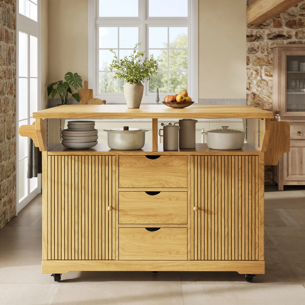 Chariot de service mobile multifonctionnel de 95 cm de hauteur, chariot de cuisine ergonomique avec panneaux de table pliables et extensibles, tiroirs de rangement et plan de travail robuste, roulettes pivotantes universelles, meuble de préparation alimentaire peu encombrant