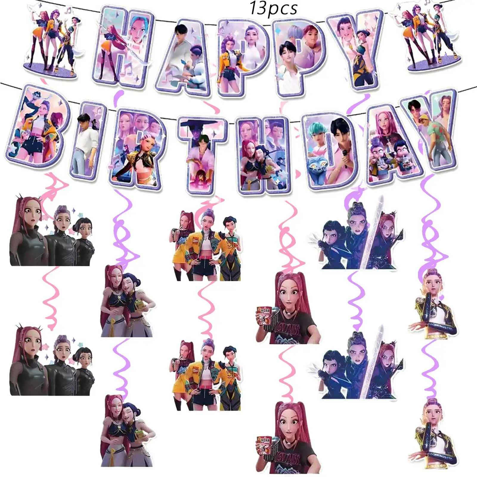 7/13 pièces K-Pop : Articles de fête Demon Hunters, bannière d'anniversaire, spirales suspendues pour décorations de fête K-Pop : Demon Hunters