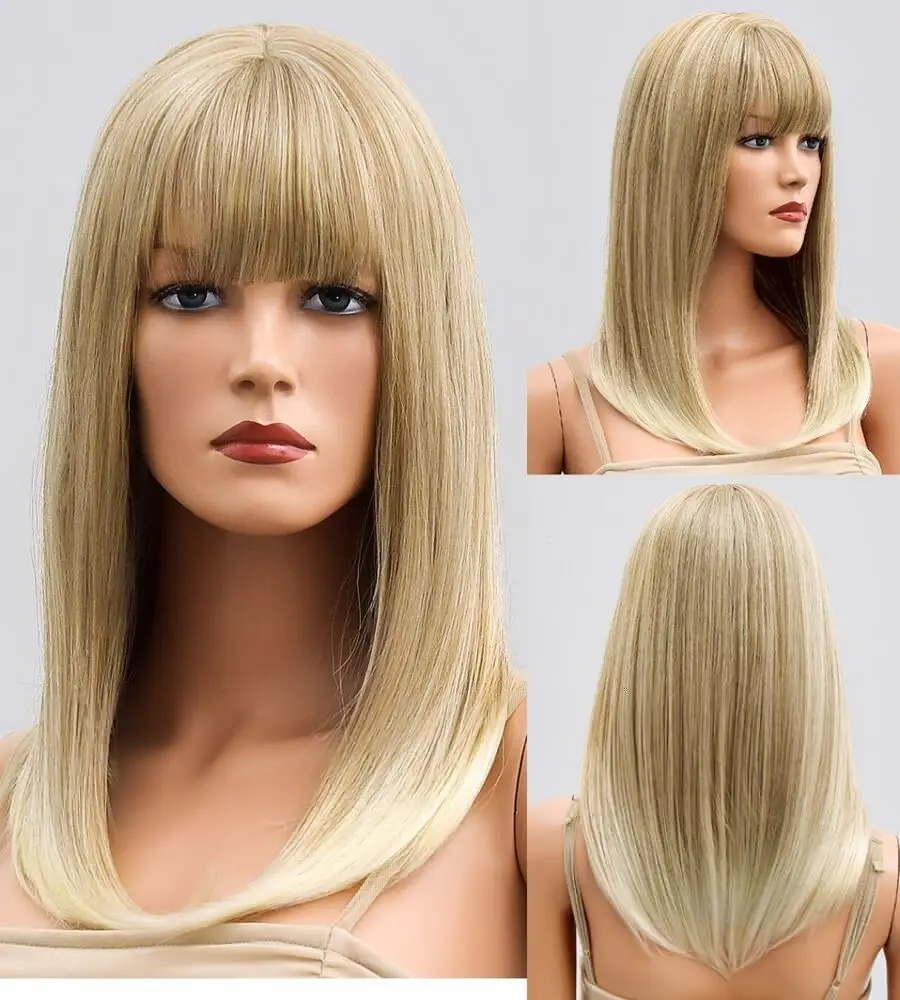 Synthetic Layered Machine Wigs With Bangs Short Straight Gradient blonde Soft