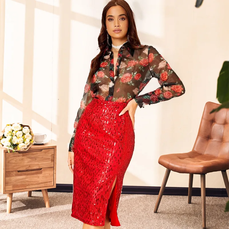 Ins Women.'s Skirt Lady Cloth Summary Collection: Slim-fit Slit, Sequined Skirt For Women. Femme Robe Boho Outfits