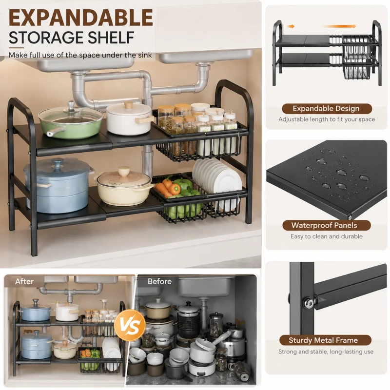 2-Layer Expandable Storage Rack under Sink, with 4 Boards and 4 Baskets, Adjustable Height Carbon Steel Storage Rack, Suitable for Kitchen and Bathroom Cabinets, Saving Space