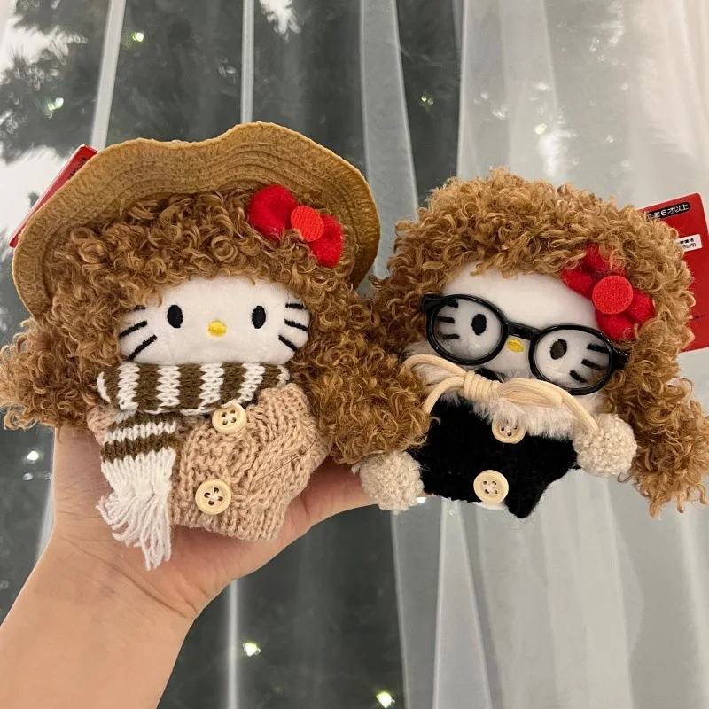 

Cute Hello Kitty Plush Keychain with Wig Accessory Straw Hat Winter Sweater Decorated Bag Charm