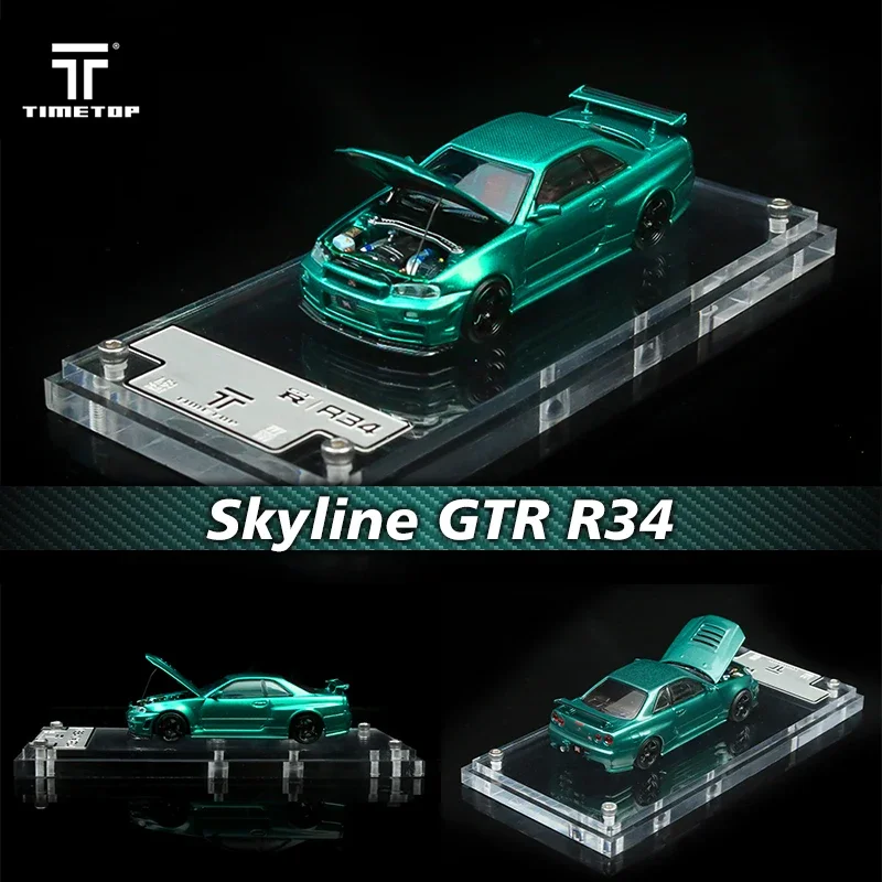 1:64 TM Skyline GTR R34 Green Carbon Hood Diecast Diorama Car Model Collection Toys Time TOP Micro