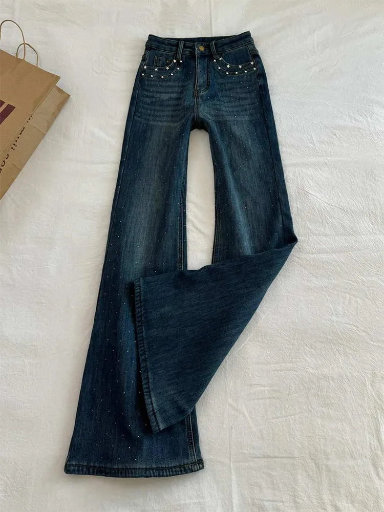 

American Retro Rivet Pockets Rhinestone Jeans 2026 Women's Spring New Stylish High Waist Flare Pants Spicy Girls Denim Trousers
