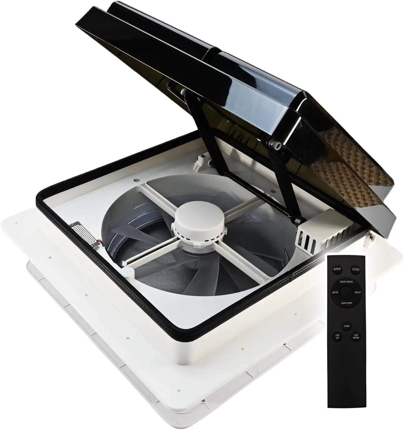 

RV Roof Vent Fan with Rain Sensor & Remote,25dB Whisper Quiet 4-Speed Exhaust Fan, 14x14 Reversible 12V Vent for Camper, Trailer