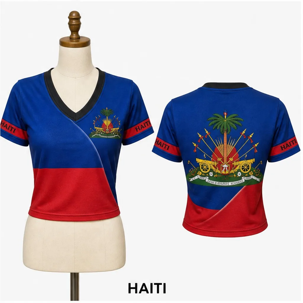 Womens Haiti V Neck Short Sleeve Crop Top Curved Flag Crest Graphic Casual Summer Shirt for Street Travel Vacation Everyday Look