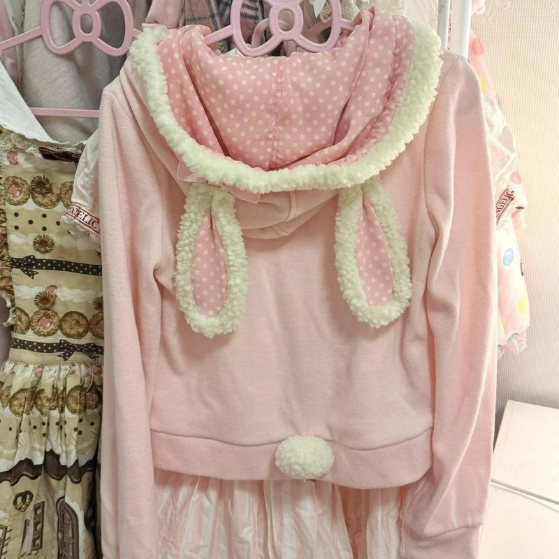 Japanese Kawaii Polka Dot Rabbits Ears Hoodies Bow Pocket Lace Patchwork Women Sweet Hoody Y2k Aesthetic Pink Zipper ​Sweatshirt view 3