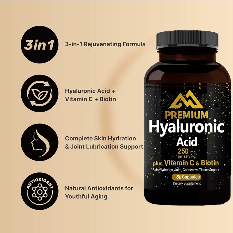 

Hyaluronic acid supplement,containing 25mg of vitamin C and biotin to support hair growth, joint support,and moisturize the skin