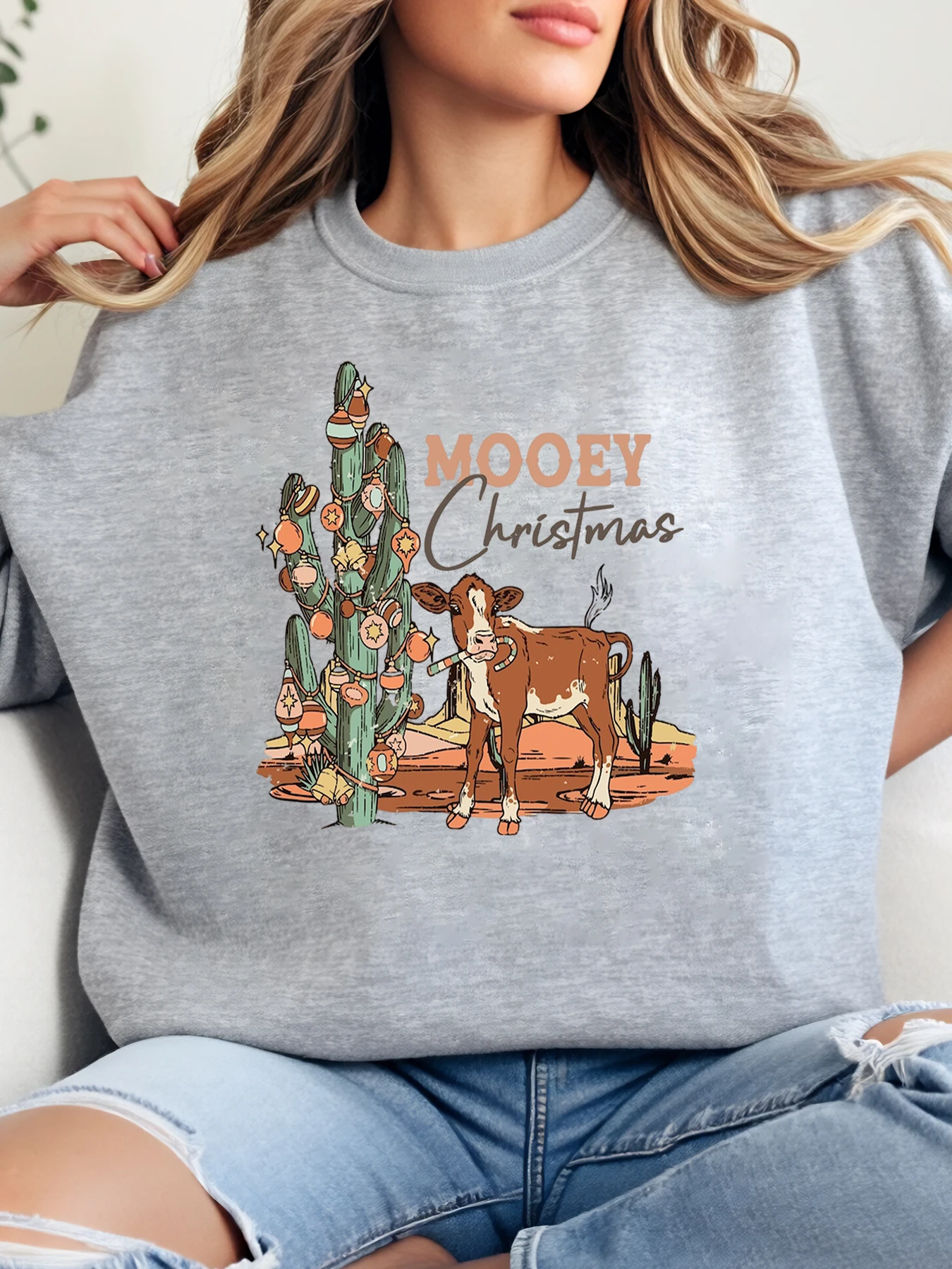 

Cow in Pink Sweater Holding Mug Christmas Holiday Print Crewneck Sweatshirt Women Casual Winter Wear Gray Plus-Size