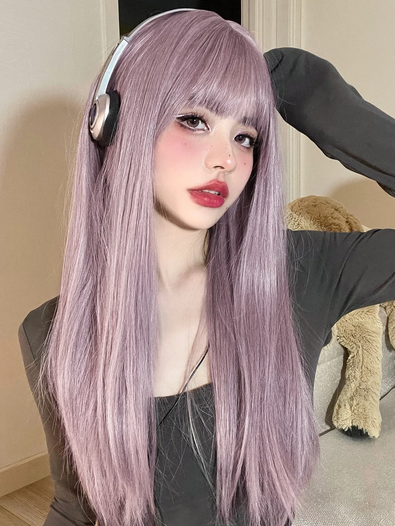 

22Inch Pinky Light Purple Synthetic Wigs With Bang Long Natural Straight Hair Wig for Women Daily Use Cosplay Heat Resistant