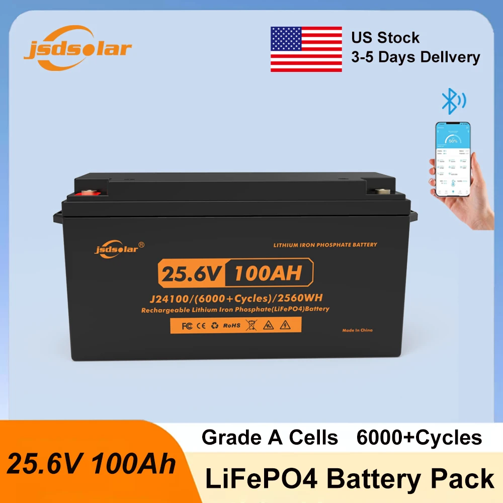 Jsdsolar 24V 100Ah LiFePO4 Battery Built-in 100A BMS 2560Wh Grade A Cells Lithium Iron Phosphate Battery Series And Parallel 6000+ Cycles Rechargeable Lithium Battery for Solar Energy Storage RV Boat