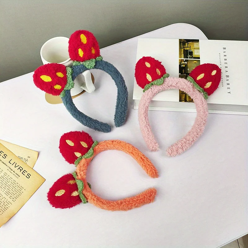 

Strawberry Plush for Women Girls, Wide Soft Hairband for Face Washing & Makeup, Non-Slip Fruit Hair Accessories
