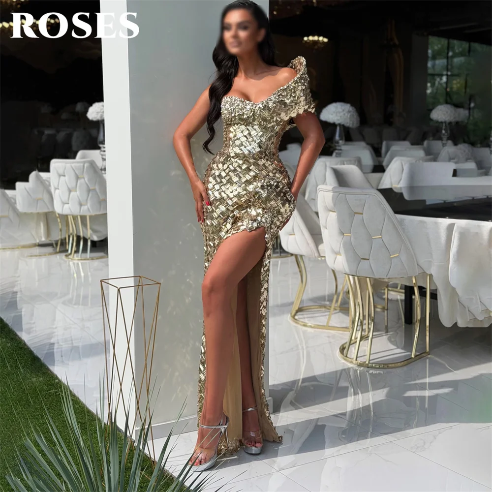 ROSES Golden Prom Dresses One Shoulder Short Sleeve Evening Dress with High Split  Party Dress Trumpet Robe De Soirée Customized