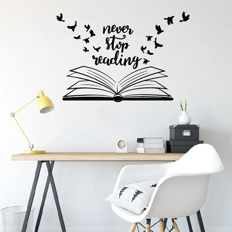 Never Stop Reading Wall Sticker Book Wall Decals Library School Classroom Decoration Kids Children Room Home Decor